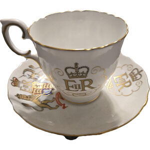 Queen Elizabeth II Coronation 1953 Tea Cup and Saucer Set Crown Staffordshire